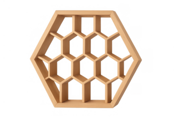 Wooden hexagonal shelf object with honeycomb pattern for storage and home decor, transparent background