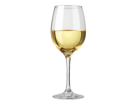 A wine glass is filled with white wine
