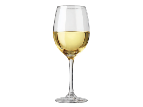 A wine glass is filled with white wine