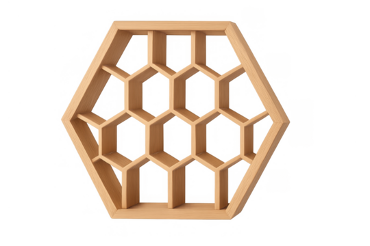Wooden hexagonal shelf object with honeycomb pattern for storage and home decor, transparent background