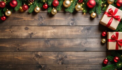 Festive christmas celebration with gifts and ornaments on wooden background holiday decor cozy setting aerial view joyful spirit