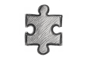 Hand-drawn puzzle piece sketch symbolizing problem-solving, teamwork, planning, and innovative thinking on a clear background