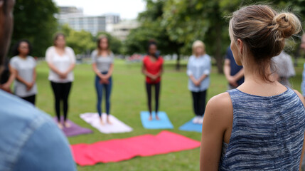 Group of diverse people standing on yoga mats in a park participating in an outdoor meditation or mindfulness session on a sunny day