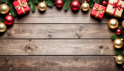 Festive christmas celebration with presents and ornaments cozy wooden background holiday decor warm atmosphere overhead view seasonal joy