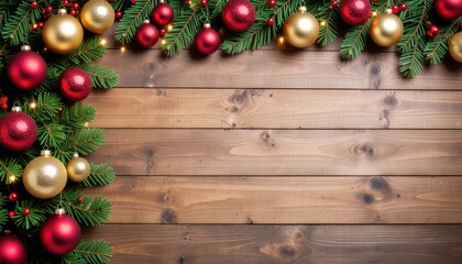 Festive christmas decorations with ornaments and pine branches on rustic wooden background holiday concept warm atmosphere seasonal decor close-up view