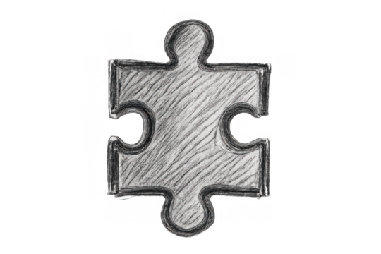 Hand-drawn puzzle piece sketch symbolizing problem-solving, teamwork, planning, and innovative thinking on a clear background