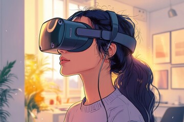Anime art shows a woman in a VR headset, deeply immersed in a virtual world, surrounded by warm light and digital sparks.