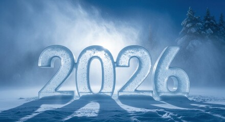Large 2026 numbers carved from ice standing in a cold, snowy, backlit winter landscape