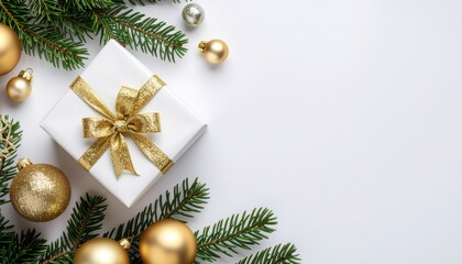 Festive holiday celebration with gifts and ornaments indoor setting still life photography cozy atmosphere top-down view christmas spirit and joy