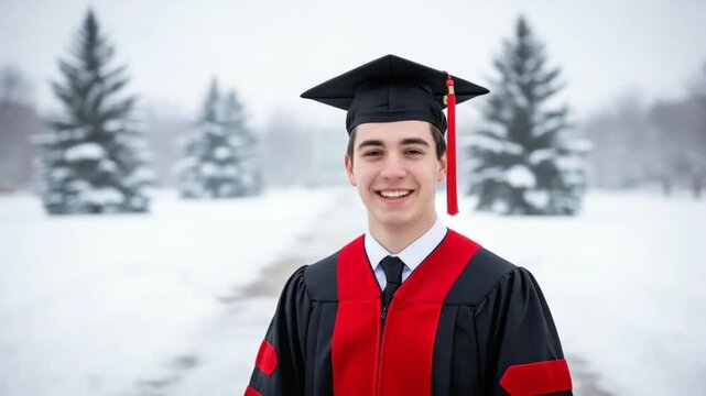 Portrait of a smiling Caucasian male student in graduation cap and gown standing outdoors in winter snow with pine trees.   