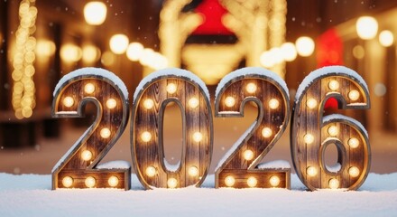 Marquee style 2026 numbers covered in snow, glowing with bulbs on a festive street