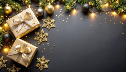 Festive gift arrangement with golden presents and decorative ornaments christmas celebration indoor setting cozy atmosphere top-down view holiday spirit and joy