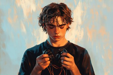 Warmly lit portrait of a young man, head bowed, holding wired headphones, conveying a moment of quiet reflection or melancholy.