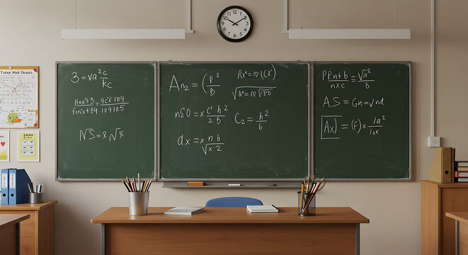 Engaging illustration of a traditional school classroom, highlighting a green chalkboard filled with complex mathematical equations and scientific formulas, perfect for education