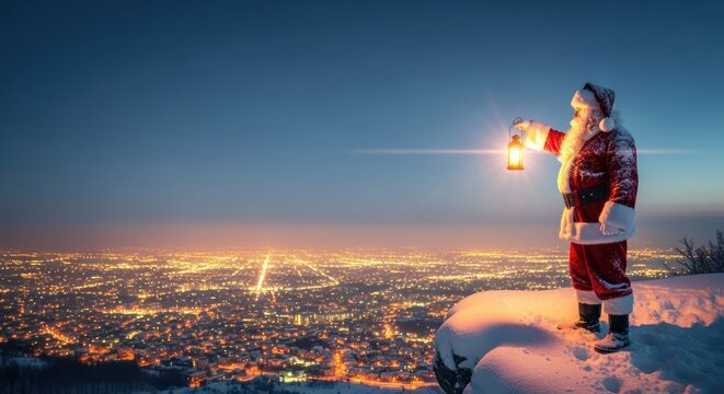 Santa Claus on a snowy mountain top holding a glowing lantern overlooking a city at night