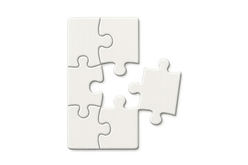 Jigsaw puzzle solution concept with four white pieces assembled and one separate piece on transparent background