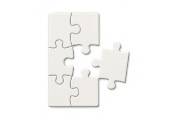 Jigsaw puzzle solution concept with four white pieces assembled and one separate piece on transparent background
