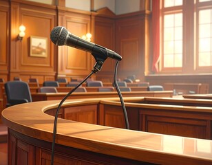 Interior image of a courtroom. A microphone sits on a curved wooden podium, set against rows of empty chairs. Sunlight streams through a window