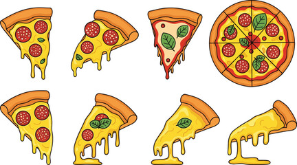 Collection of cartoon pizza slices with melted cheese and pepperoni vector