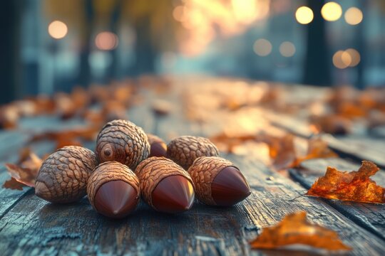 Acorns and fallen autumn leaves scattered on a rustic wooden table. Warm, blurred background lights evoke a cozy, tranquil fall scene.