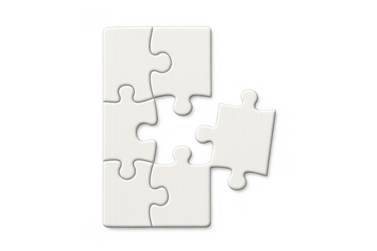 Jigsaw puzzle solution concept with four white pieces assembled and one separate piece on transparent background - Powered by Adobe
