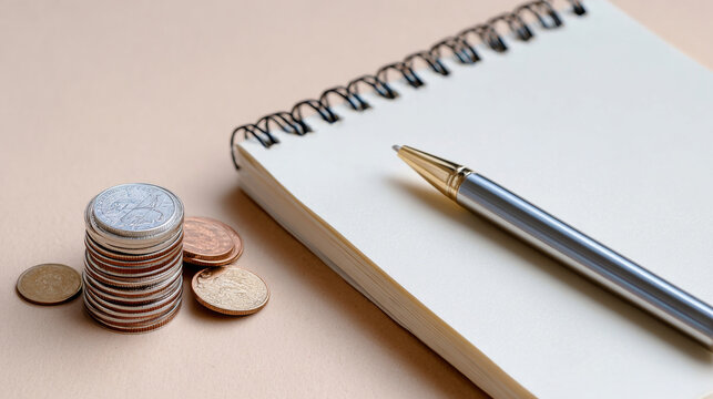 Close-up of stacked coins next to a spiral notebook with a silver pen on a beige surface, symbolizing finance and planning concepts