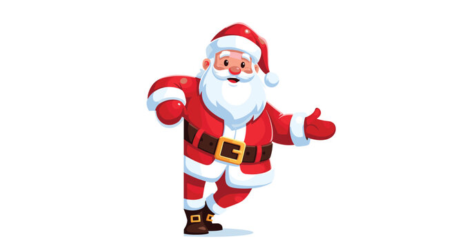 Cheerful cartoon Santa Claus character in red suit with white trim and brown belt