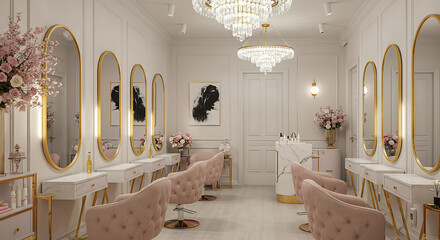 Elegant Hair Salon Interior Design with Pink Velvet Chairs and Gold Accents