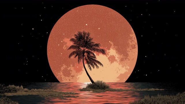 無人の小島のヤシの木、皆既月食の深い赤が静かな海面に映る夜