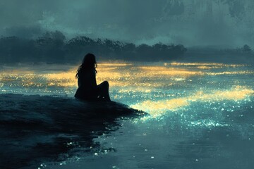 A solitary figure contemplates a luminous, turquoise and golden sea under a dark sky, an ethereal, magical landscape.