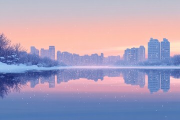 A serene winter cityscape reflects beautifully in sparkling water. Snow-covered trees line the bank under a tranquil pastel gradient sky.