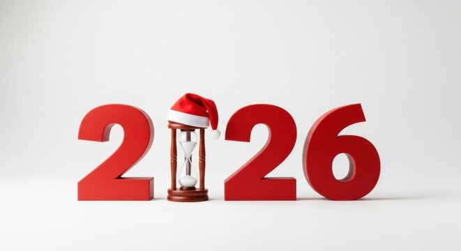 2026 concept featuring red numerals and an hourglass wearing a miniature Santa hat