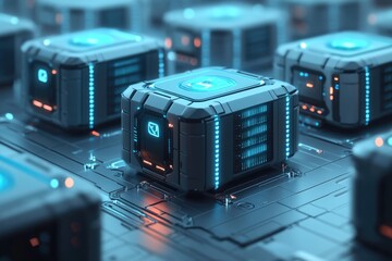 Advanced modular computing units with vibrant blue and orange lights arranged on a sophisticated technological platform.
