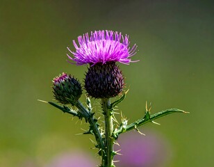 Close-up of a vibrant purple bloom with spiky leaves. A second bud hints at more flowers to come, against a blurry green background