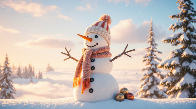 Joyful snowman wearing a hat and scarf in a winter wonderland - Powered by Adobe