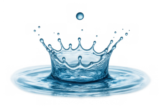Water drop creating splash crown on transparent background, forming ripples, a dynamic liquid abstract concept