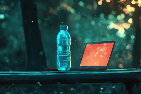 A glowing laptop and cool water bottle rest on a wooden surface, surrounded by ethereal teal bokeh lights in a digitally painted outdoor scene.