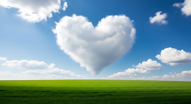 A fluffy white heart shaped cloud floats serenely in a bright blue sky above a vibrant green field