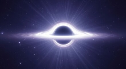 Stunning black hole with glowing accretion disk and warped space in distant galaxy starfield, showcasing cosmic power.