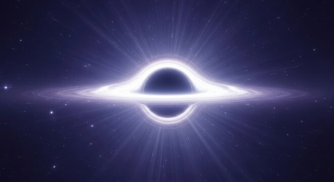 Stunning black hole with glowing accretion disk and warped space in distant galaxy starfield, showcasing cosmic power.