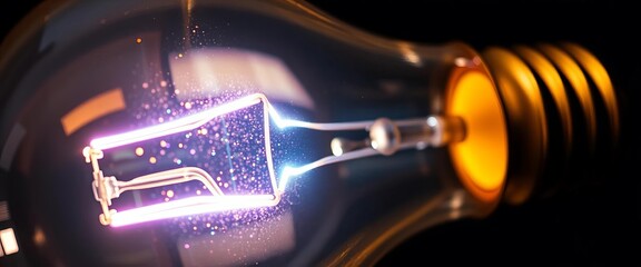 Close-up of illuminated light bulb, glowing filament,   eureka,   filament