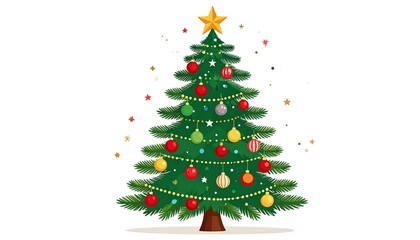 Fototapeta premium A vibrant illustration features a decorated Christmas tree with ornaments, a golden star, and sparkling embellishments on white