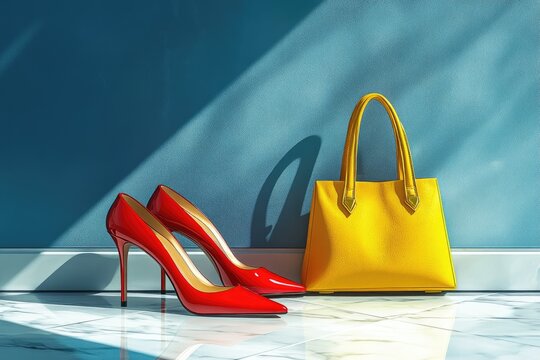 Vibrant red high heels and a chic yellow handbag against a textured teal wall with dynamic lighting, reflecting modern fashion and style.