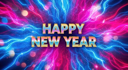 Vibrant and energetic happy new year text exploding with colorful light streaks and bokeh, celebrating the festive occasion