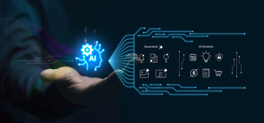 AI agent, holographic robot assistant concept, digital interface showing generative AI functions for digital business productivity, AI agent work with holographic robot interface and assistant tools