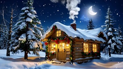Cozy winter night log cabin glow snow covered trees under moon and stars - Powered by Adobe