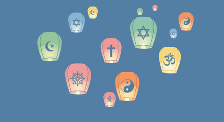 Colorful sky lanterns with symbols of world religions floating in the blue sky. Concept.