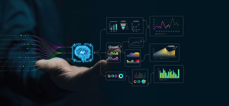AI data analytics dashboard, business data insights, AI-powered data analysis dashboard, business strategy, Analyst or Scientist uses a computer and dashboard for analysis of information development - Powered by Adobe