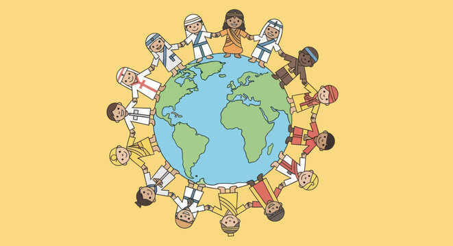 Diverse children holding hands around earth globe. Unity and world peace concept.