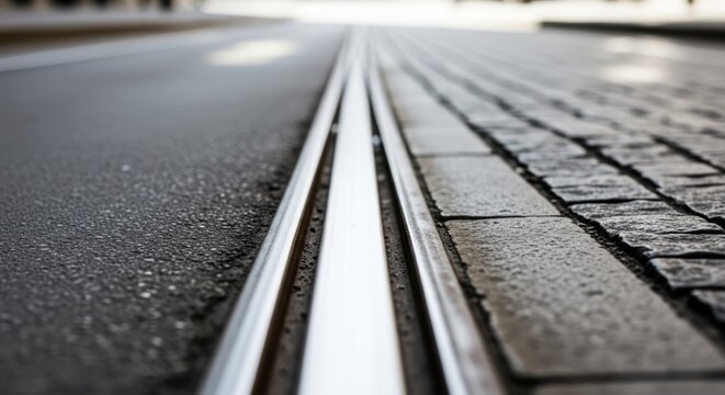 Dynamic urban landscape with converging textures, cobblestone meets asphalt in perfect harmony, ground level view